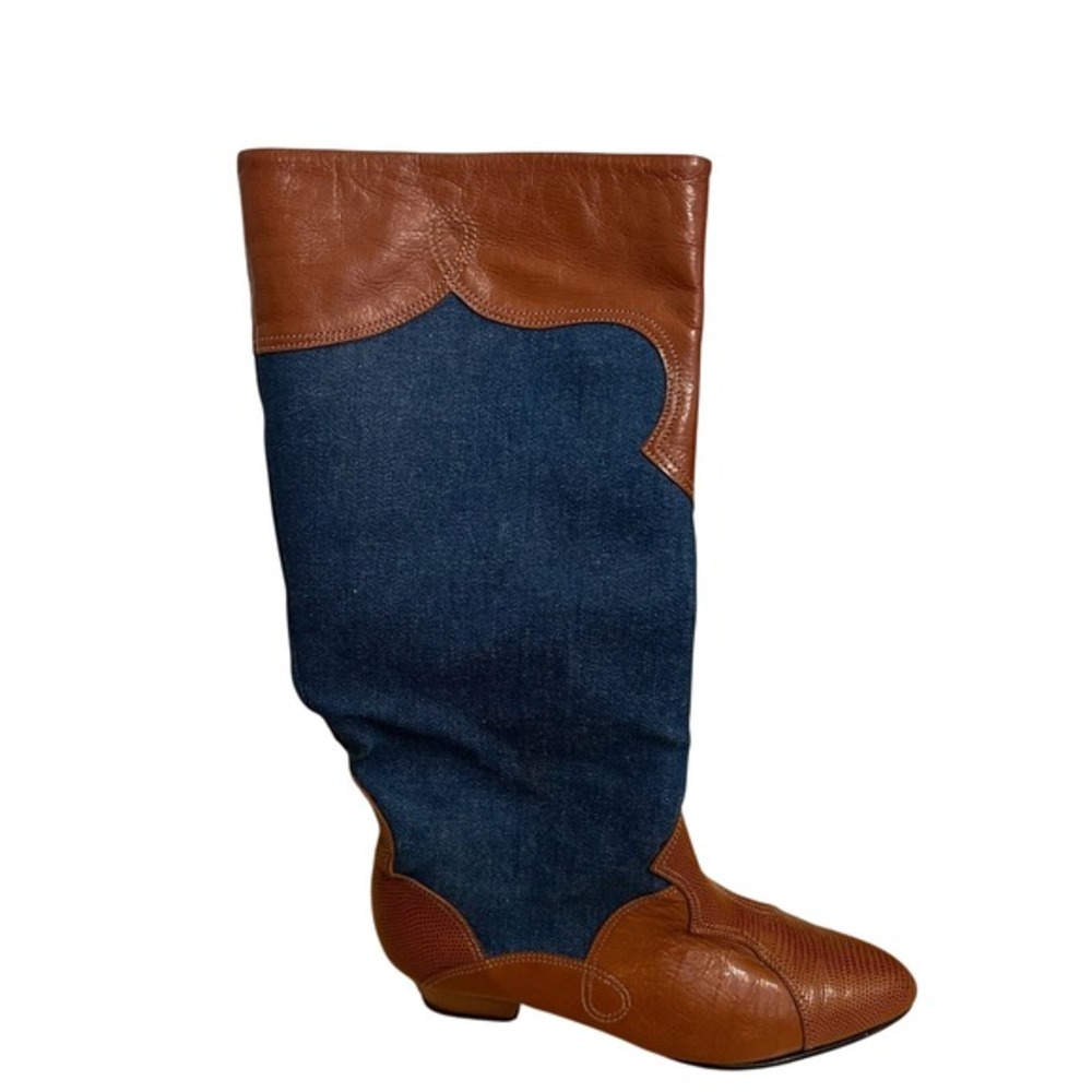 Womens Brown Denim Western Knee High Boots Vintage Sz‎ 6 1.2